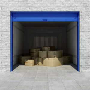 Things forbidden from storage: blue storage unit with boxes inside
